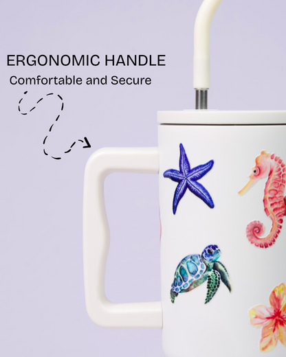Aartara Lagoon Dreams 1.2L BPA-free SS tumbler, thermosteel, 12hrs cold 7hrs hot, funky sea design with seahorses, turtles, starfish, seashells, flowers
