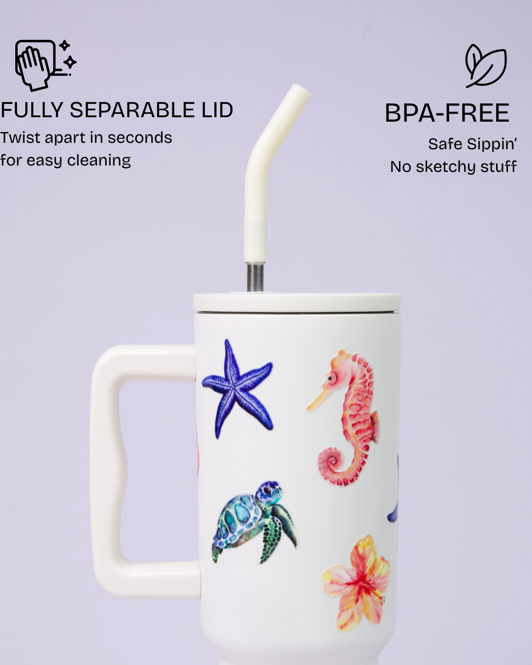 Aartara Lagoon Dreams 1.2L BPA-free SS tumbler, thermosteel, 12hrs cold 7hrs hot, funky sea design with seahorses, turtles, starfish, seashells, flowers
