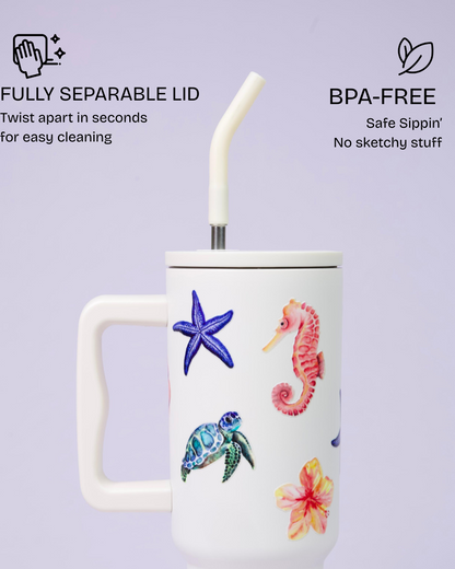 Aartara Lagoon Dreams 1.2L BPA-free SS tumbler, thermosteel, 12hrs cold 7hrs hot, funky sea design with seahorses, turtles, starfish, seashells, flowers

