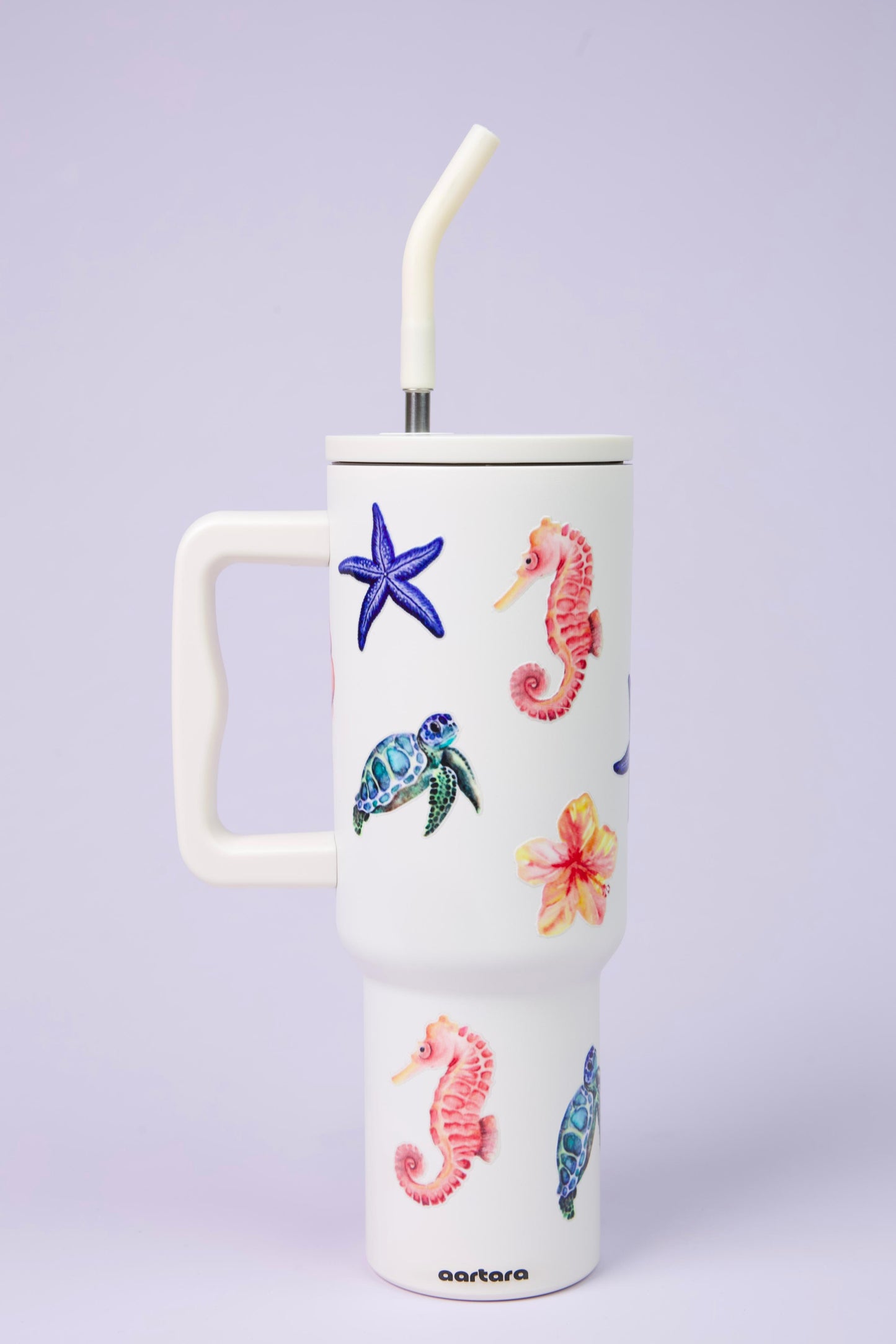 Aartara Lagoon Dreams 1.2L BPA-free SS tumbler, thermosteel, 12hrs cold 7hrs hot, funky sea design with seahorses, turtles, starfish, seashells, flowers