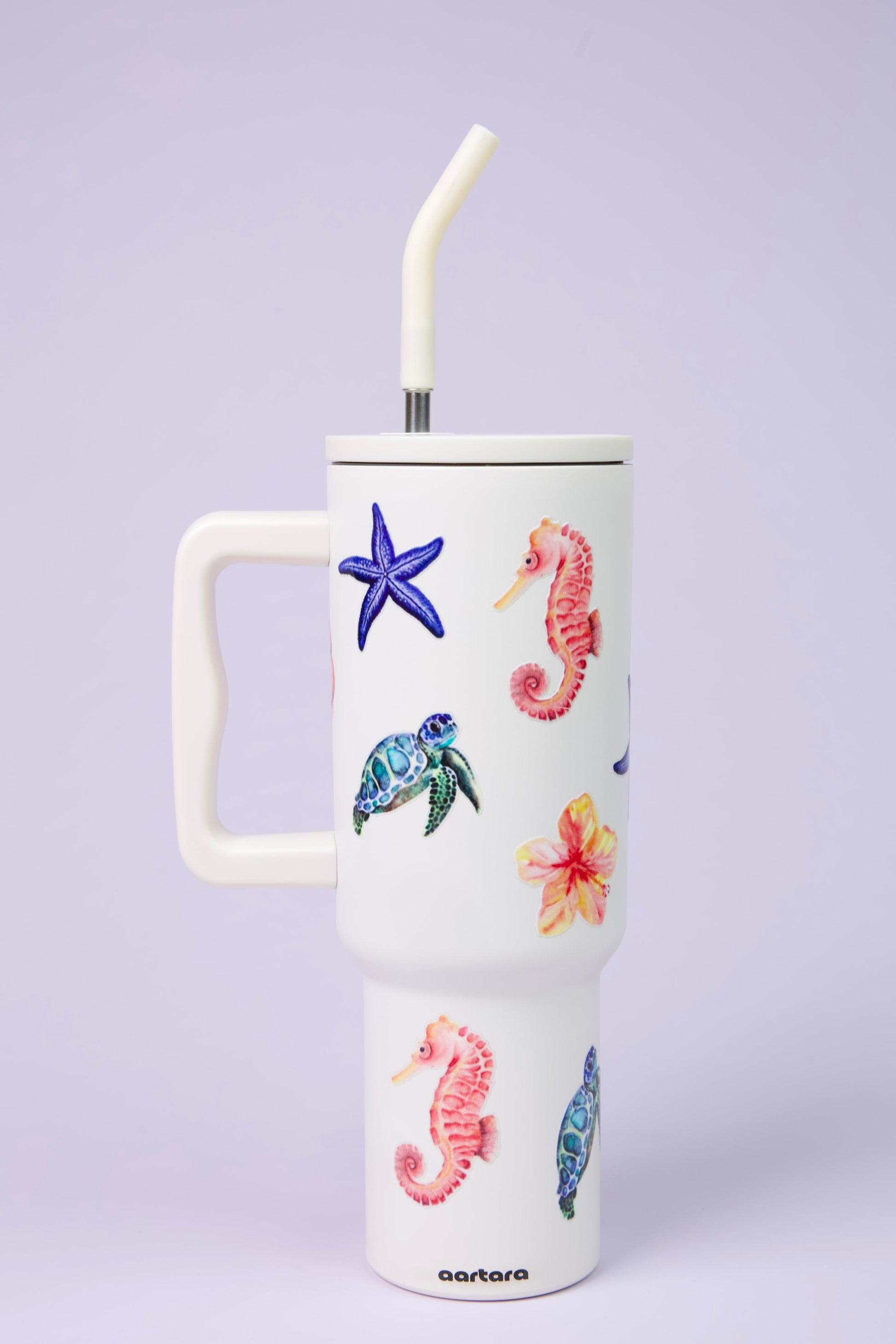 Aartara Lagoon Dreams 1.2L BPA-free SS tumbler, thermosteel, 12hrs cold 7hrs hot, funky sea design with seahorses, turtles, starfish, seashells, flowers