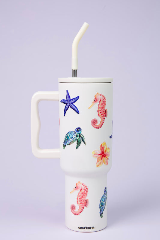 Aartara Lagoon Dreams 1.2L BPA-free SS tumbler, thermosteel, 12hrs cold 7hrs hot, funky sea design with seahorses, turtles, starfish, seashells, flowers