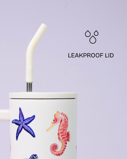 Aartara Lagoon Dreams 1.2L BPA-free SS tumbler, thermosteel, 12hrs cold 7hrs hot, funky sea design with seahorses, turtles, starfish, seashells, flowers
