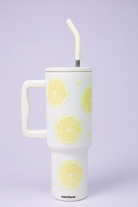 Aartara Lemon 1.2L BPA-free SS tumbler, thermosteel, 12hrs cold 7hrs hot, funky design with vibrant round lemons, aesthetic collectible bottle
