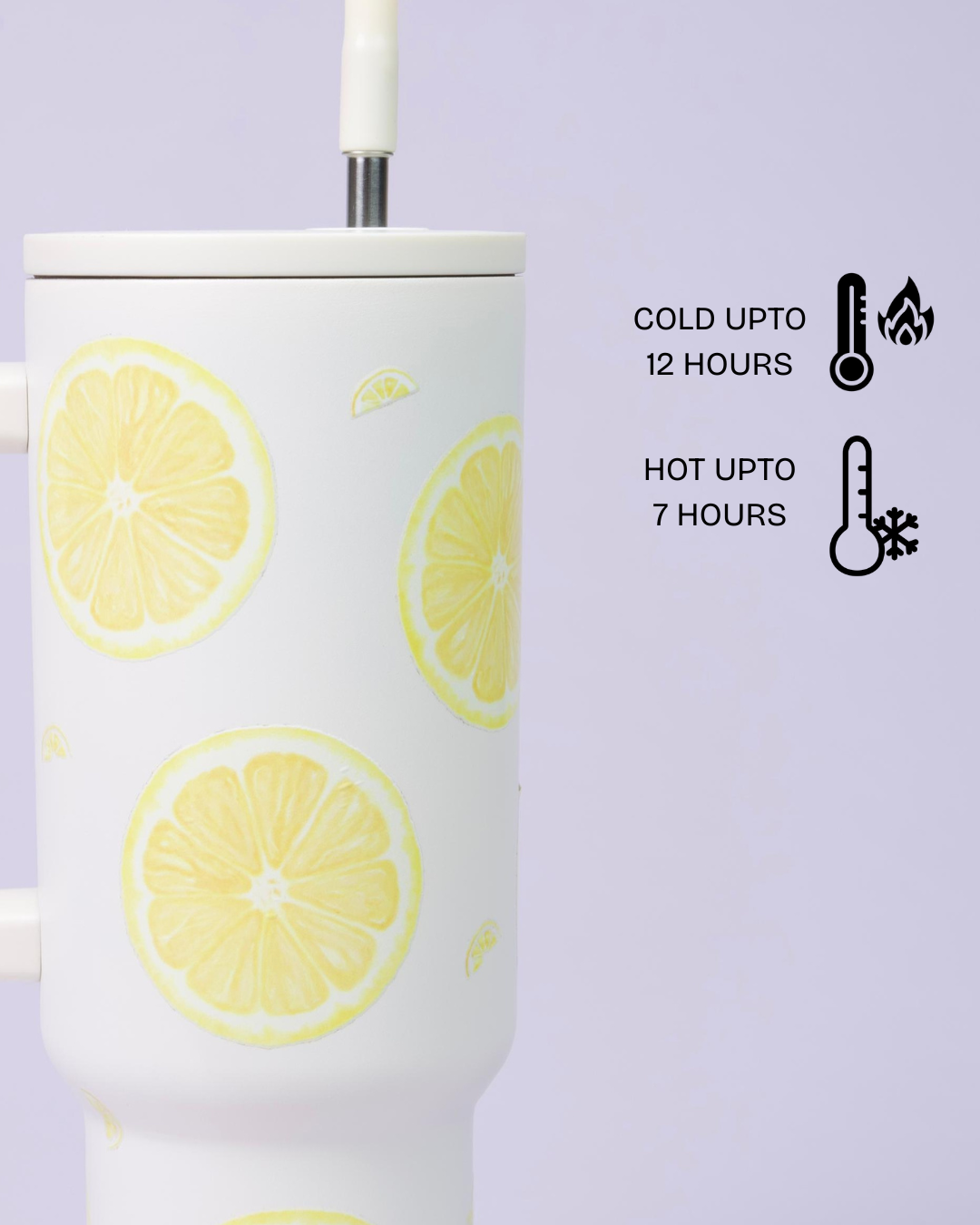 Aartara Lemon 1.2L BPA-free SS tumbler, thermosteel, 12hrs cold 7hrs hot, funky design with vibrant round lemons, aesthetic collectible bottle

