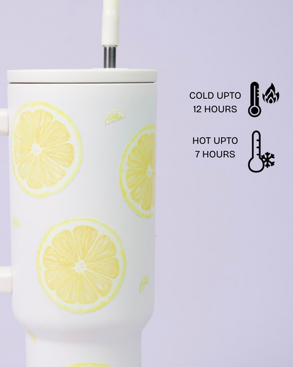 Aartara Lemon 1.2L BPA-free SS tumbler, thermosteel, 12hrs cold 7hrs hot, funky design with vibrant round lemons, aesthetic collectible bottle
