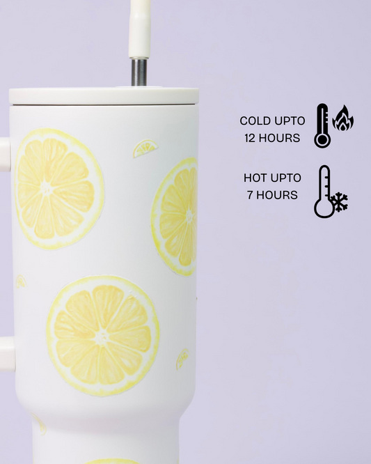 Aartara Lemon 1.2L BPA-free SS tumbler, thermosteel, 12hrs cold 7hrs hot, funky design with vibrant round lemons, aesthetic collectible bottle
