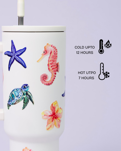 Aartara Lagoon Dreams 1.2L BPA-free SS tumbler, thermosteel, 12hrs cold 7hrs hot, funky sea design with seahorses, turtles, starfish, seashells, flowers
