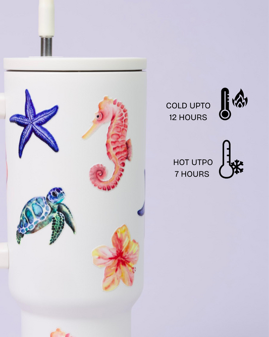 Aartara Lagoon Dreams 1.2L BPA-free SS tumbler, thermosteel, 12hrs cold 7hrs hot, funky sea design with seahorses, turtles, starfish, seashells, flowers
