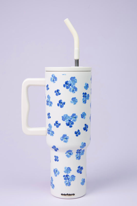 Aartara Ocean Bloom 1.2L BPA-free SS tumbler, thermosteel, 12hrs cold 7hrs hot, funky design with vibrant blue flowers, aesthetic collectible bottle
