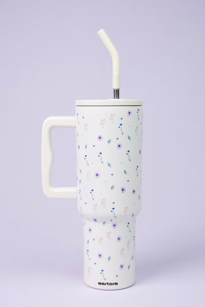 Aartara Fiorina 1.2L BPA-free SS tumbler, thermosteel, 12hrs cold 7hrs hot, funky design with miniature flowers, aesthetic collectible bottle
