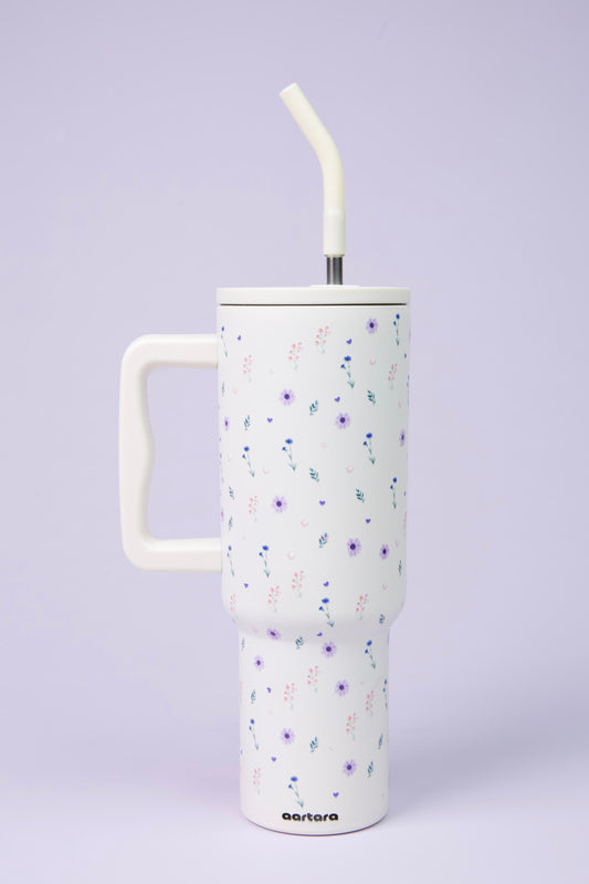 Aartara Fiorina 1.2L BPA-free SS tumbler, thermosteel, 12hrs cold 7hrs hot, funky design with miniature flowers, aesthetic collectible bottle

