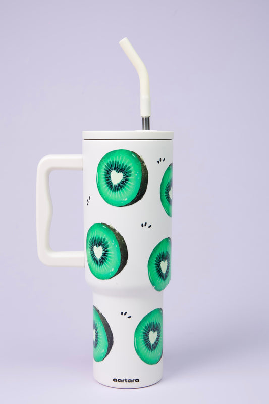 Aartara Kiwi 1.2L BPA-free SS tumbler, thermosteel, 12hrs cold 7hrs hot, funky design with round kiwi fruit and seeds, aesthetic collectible bottle
