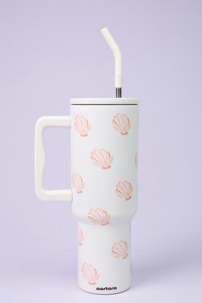 Aartara Moana 1.2L BPA-free SS tumbler, thermosteel, 12hrs cold 7hrs hot, funky aesthetic design with pink clams and shells, collectible bottle
